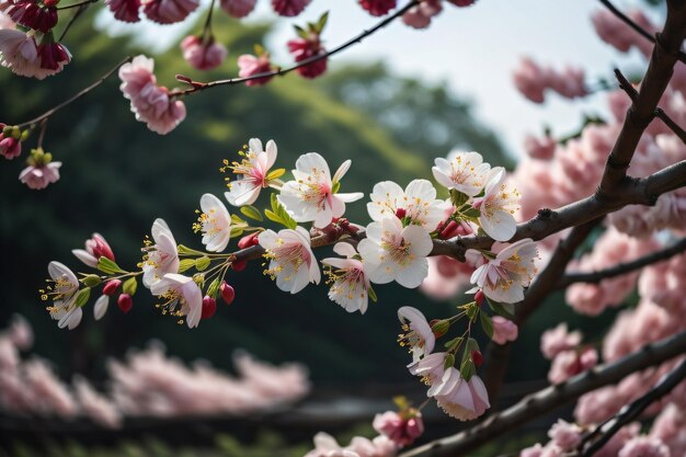 a branch of cherry blossoms with a blurred background