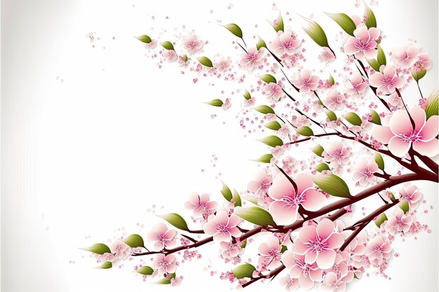 A branch of cherry blossoms with green leaves and pink flowers