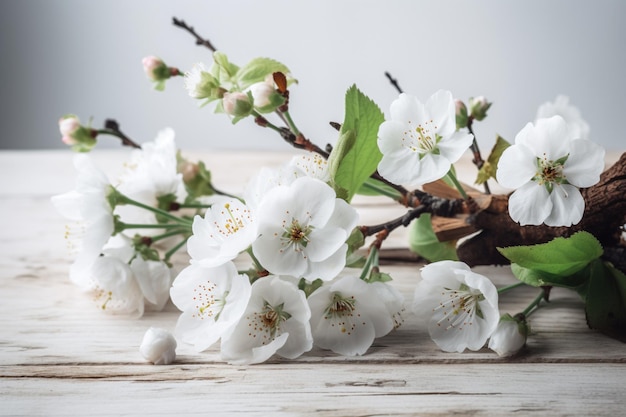 A branch of cherry blossoms with green leaves on a white background.