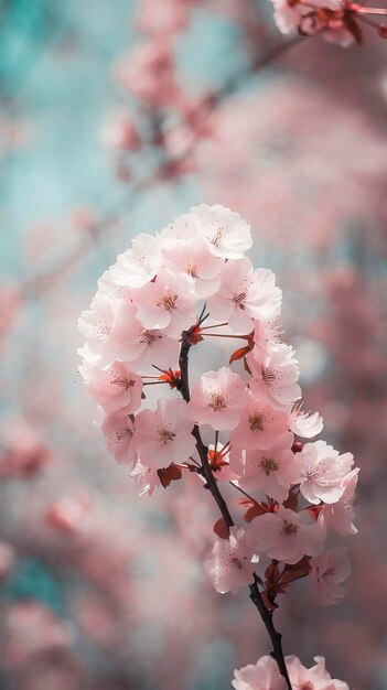 ピンクの花を背景にした桜の枝