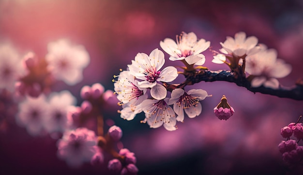 A branch of cherry blossoms with pink flowers in the background