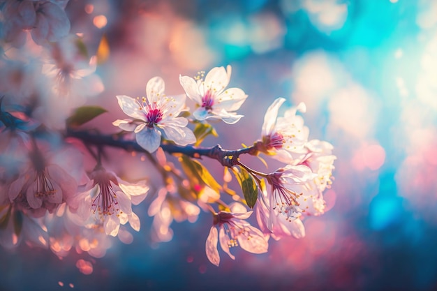 A branch of cherry blossoms with pink flowers on it