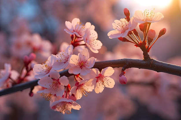 ピンクの花を持つ桜の枝