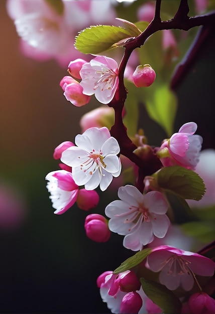 A branch of cherry blossoms with pink flowers