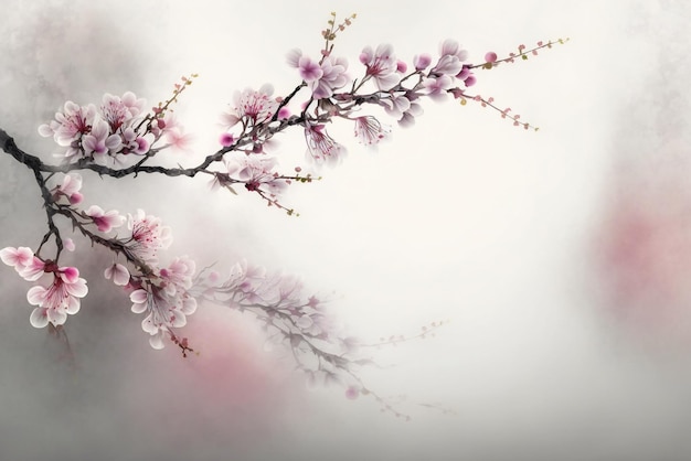 A branch of cherry blossoms with the reflection of the sky in the background.