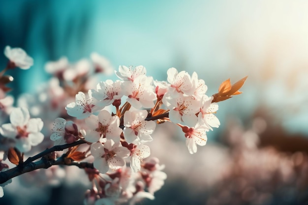 A branch of cherry blossoms with the sun shining on it.