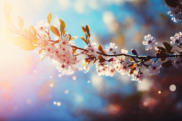 A branch of cherry blossoms with the sun shining through the background