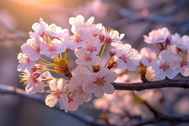 A branch of cherry blossoms with the sun shining through the branches