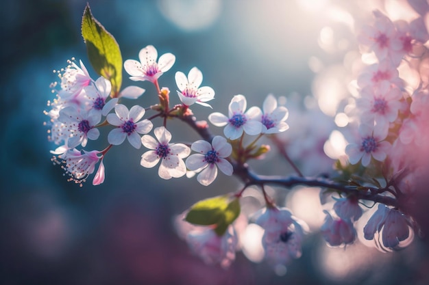 Ветка цветущей вишни, сквозь листья которой светит солнце.