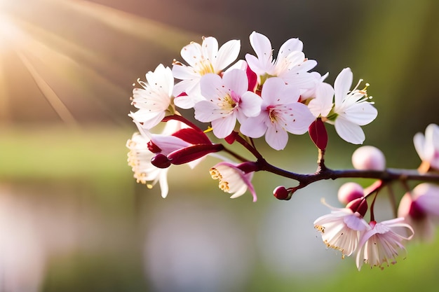 A branch of cherry blossoms with the sun shining through the leaves