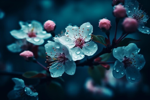 A branch of cherry blossoms with water drops on the background