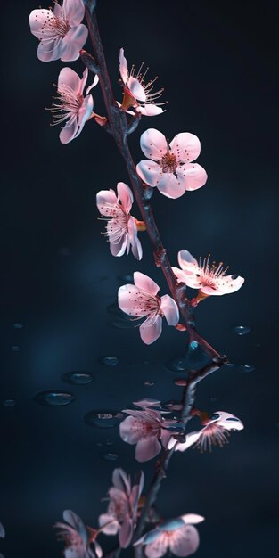 A branch of cherry blossoms with water drops on the background.