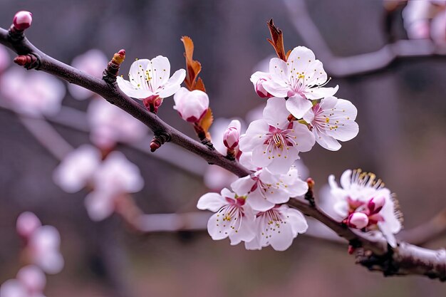 A branch of a cherry tree with pink flowers