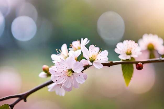 A branch of a cherry tree with pink flowers