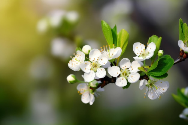 A branch of a cherry tree with white flowers