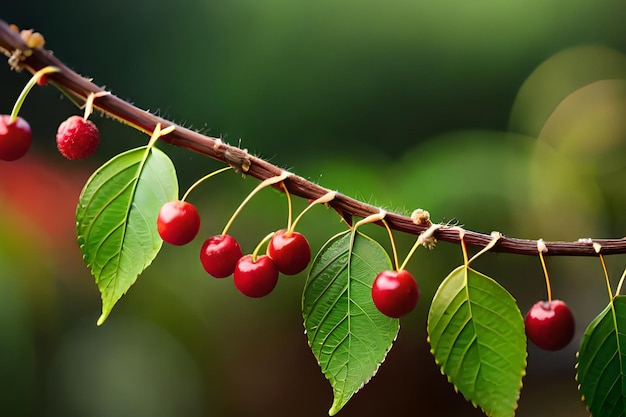 A branch of cherry with red berries hanging from it