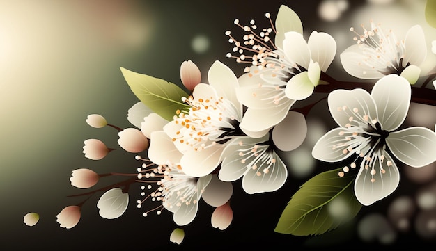 A branch of a cherry with white flowers.