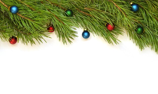 Branch of Christmas tree with balls on white background