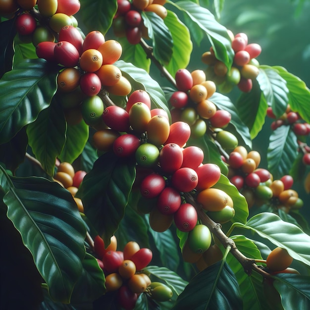 A branch of a coffee tree with fruits and green leaves