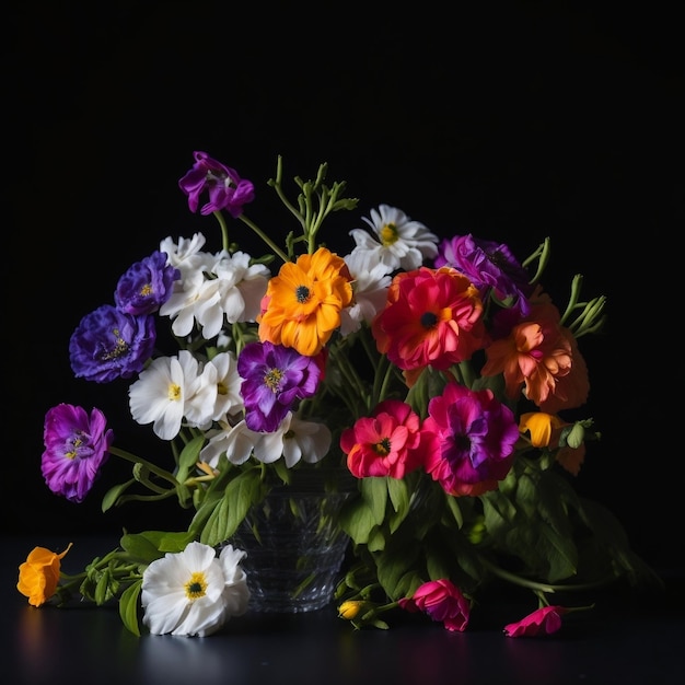 Branch of colorful flowers on a pot on a black table against black background Generative AI