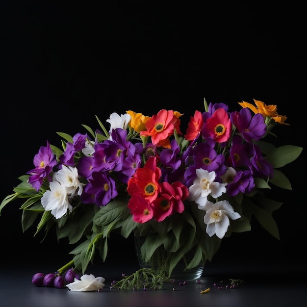 검정색 테이블에 있는 냄비에 있는 다채로운 꽃 가지와 검정색 배경 Generative AI
