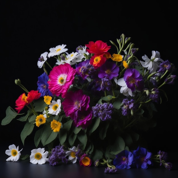 검정색 테이블에 있는 냄비에 있는 다채로운 꽃 가지와 검정색 배경 Generative AI