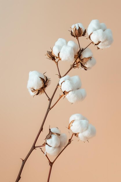 Photo branch of cotton on a pastel background peach fuzz color of the year 2024