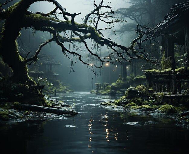 Branch in a Dark Forest Near a Tree