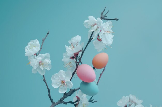 a branch of flower with some colored eggs and a few flowers on it