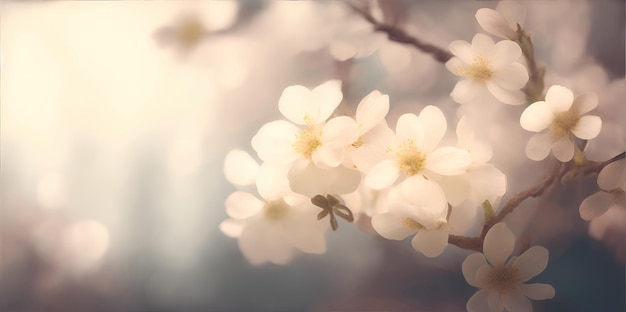 Branch of flowers on a light pastel background space for text