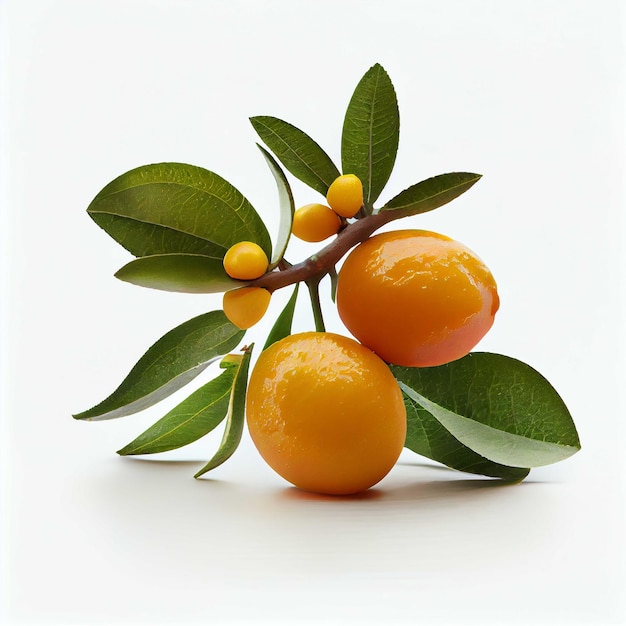 Branch of fresh loquat fruit with leaves on white background