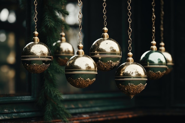 生成 AI ツールを使用して作成された装飾ボールとパッケージを備えたクリスマス ツリーの枝