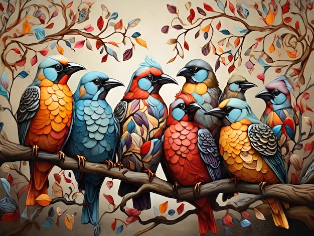 Photo branch haven diverse avian personalities adorn tree a kaleidoscope of colorful feathers