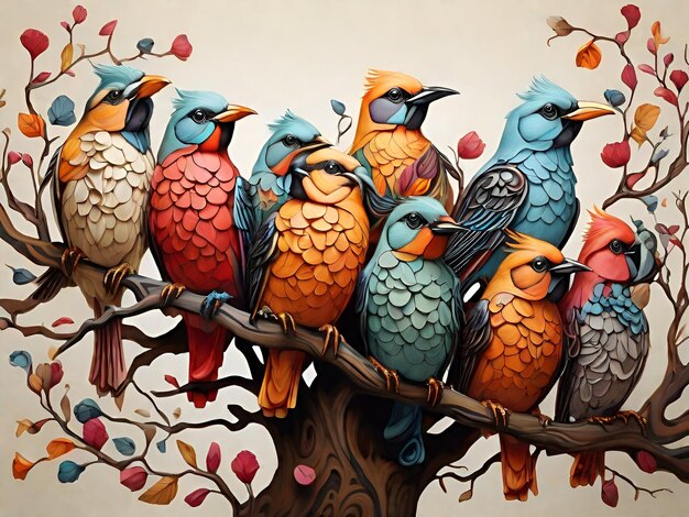 Photo branch haven diverse avian personalities adorn tree a kaleidoscope of colorful feathers