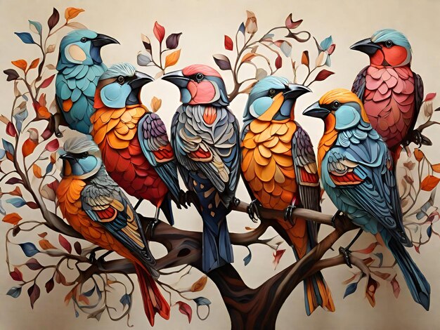 Photo branch haven diverse avian personalities adorn tree a kaleidoscope of colorful feathers