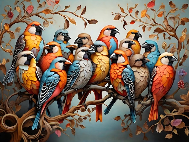 Photo branch haven diverse avian personalities adorn tree a kaleidoscope of colorful feathers