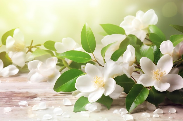 Branch of jasmine flowers on a wooden table spring background