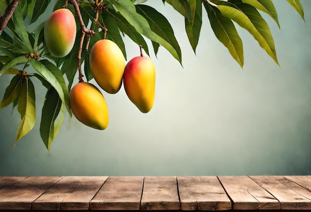 Photo a branch of mangoes hangs on a wooden table