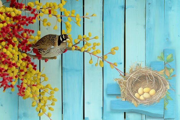 Branch of mimosa dyed red spotted quail and yellow eggs in nest on blue wooden boards