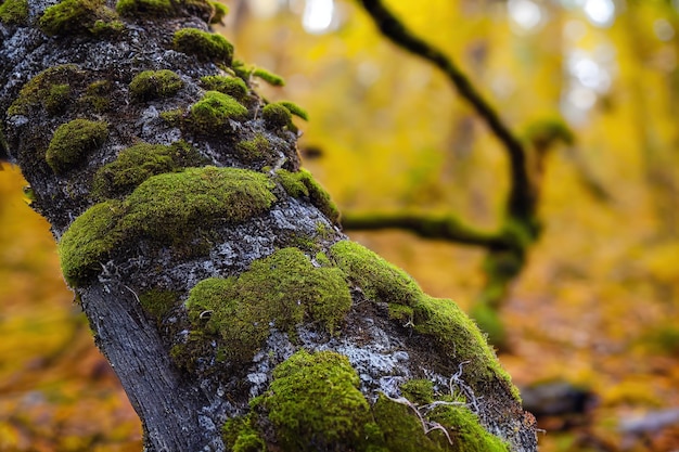 Branch moss detail with autumn forest background