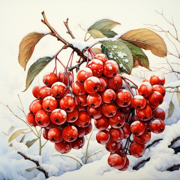 A branch of mountain ash in the snow Digital art AI generation