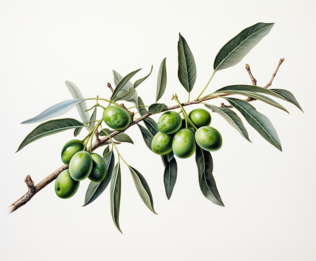 Branch of olive tree with olive fruits watercolor style isolated on white