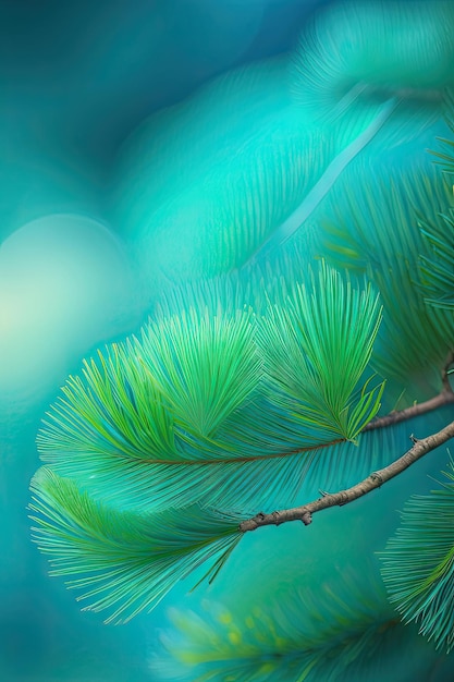 A branch of a pine tree with a blue background