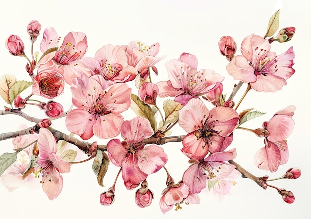 branch of pink cherry flowers watercolor drawing on white background