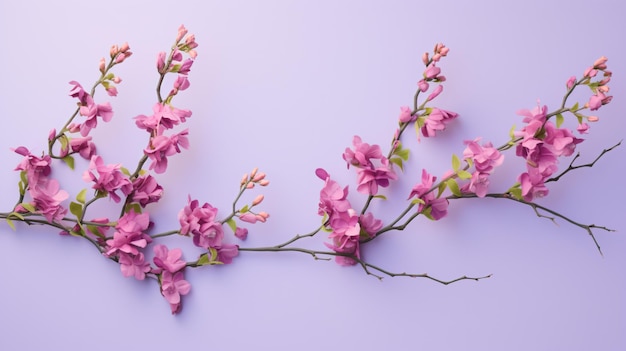 A branch of pink flowers on a purple background