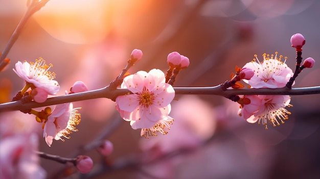 A branch of pink flowers with pink flowers