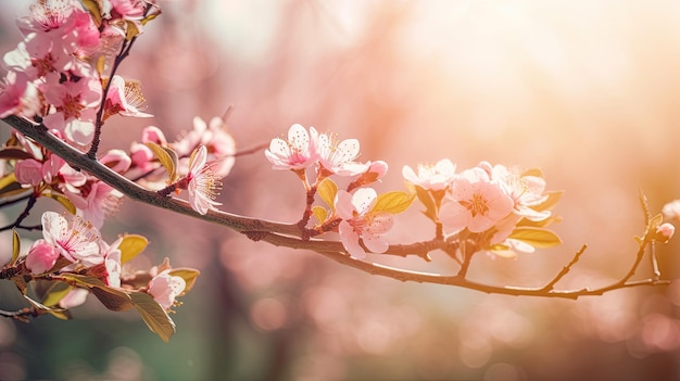 A branch of pink flowers with the sun shining through the background