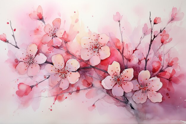 A branch of pink sakura oriental cherry watercolor flowers wet technique painting