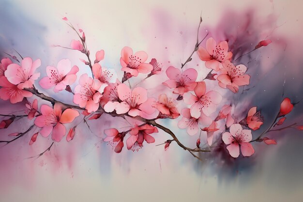A branch of pink sakura oriental cherry watercolor flowers wet technique painting