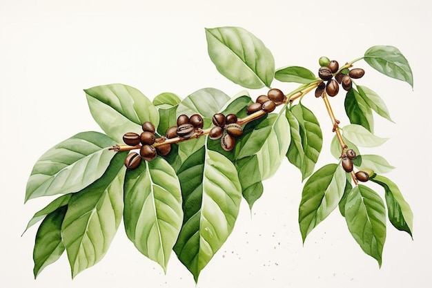 a branch of a plant with seeds and a branch of coffee beans